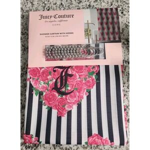 Beautiful Juicy Couture  Shower Curtain w/ Hooks Rose Hearts & Stripes Logo Y2K
